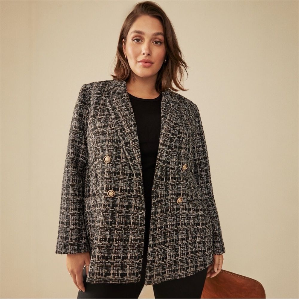Ever New Bouclé Tweed Blazer – Black/White/Beige, Double-Breasted Gold Button, 6